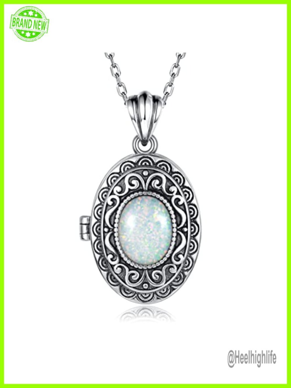 Sterling Silver Locket Necklace with Opal Vintage Antique Finish